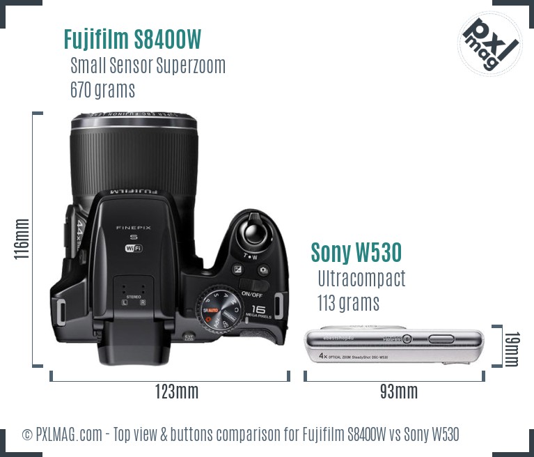 Fujifilm S8400W vs Sony W530 top view buttons comparison