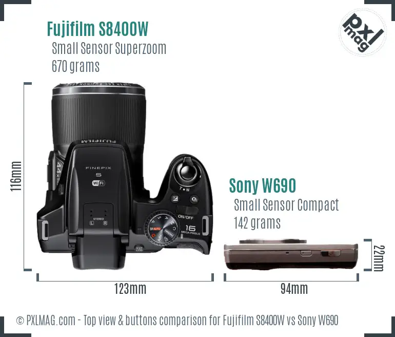 Fujifilm S8400W vs Sony W690 top view buttons comparison