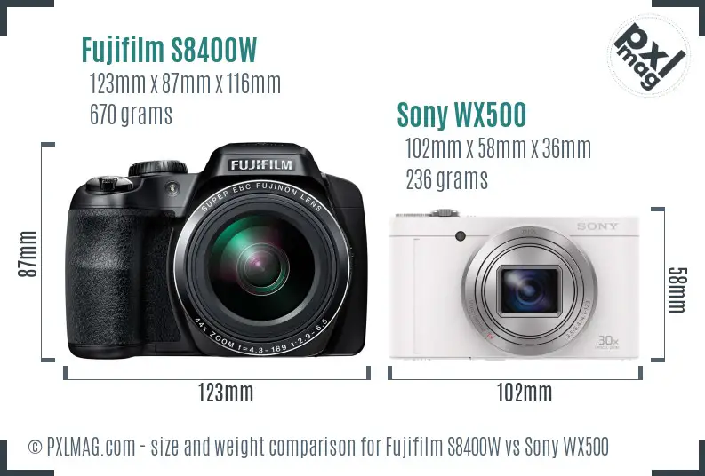 Fujifilm S8400W vs Sony WX500 size comparison