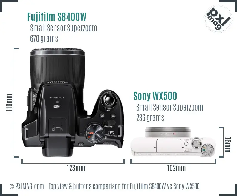 Fujifilm S8400W vs Sony WX500 top view buttons comparison