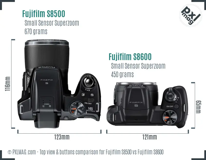 Fujifilm S8500 vs Fujifilm S8600 top view buttons comparison