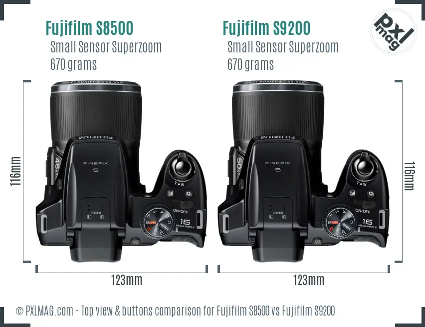 Fujifilm S8500 vs Fujifilm S9200 top view buttons comparison