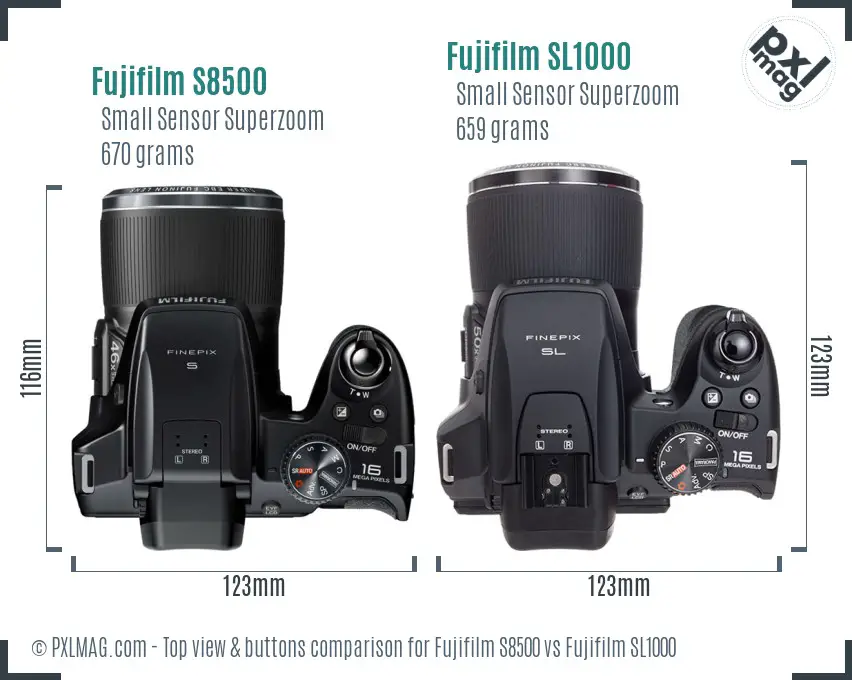 Fujifilm S8500 vs Fujifilm SL1000 top view buttons comparison