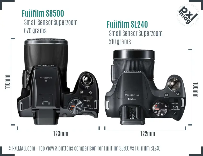 Fujifilm S8500 vs Fujifilm SL240 top view buttons comparison