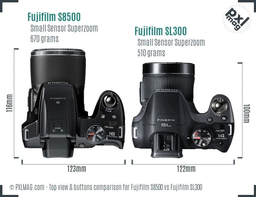 Fujifilm S8500 vs Fujifilm SL300 top view buttons comparison