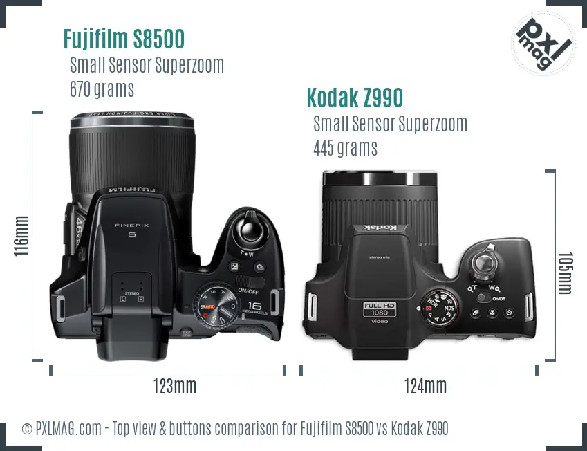 Fujifilm S8500 vs Kodak Z990 top view buttons comparison