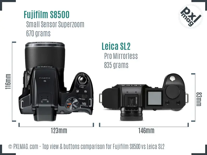 Fujifilm S8500 vs Leica SL2 top view buttons comparison