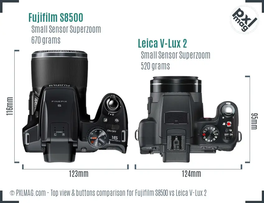 Fujifilm S8500 vs Leica V-Lux 2 top view buttons comparison