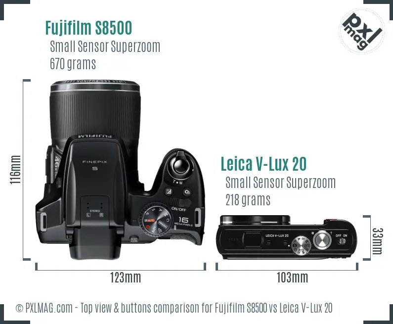 Fujifilm S8500 vs Leica V-Lux 20 top view buttons comparison