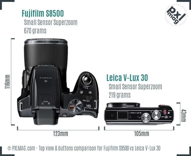 Fujifilm S8500 vs Leica V-Lux 30 top view buttons comparison Fujifilm S8500 vs Leica V-Lux 30 top view buttons comparison
