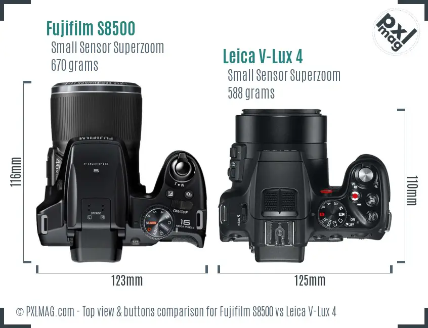 Fujifilm S8500 vs Leica V-Lux 4 top view buttons comparison