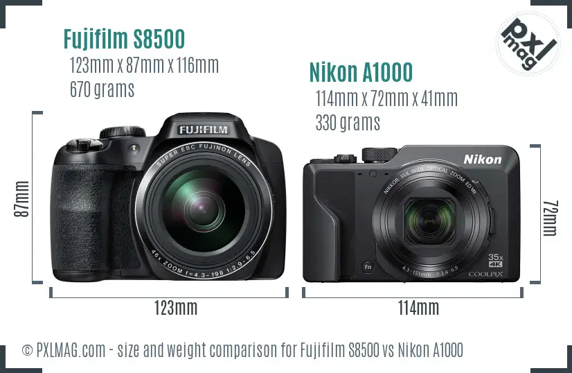 Fujifilm S8500 vs Nikon A1000 size comparison Fujifilm S8500 vs Nikon A1000 size comparison