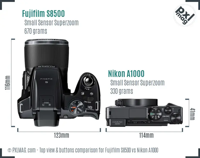 Fujifilm S8500 vs Nikon A1000 top view buttons comparison Fujifilm S8500 vs Nikon A1000 top view buttons comparison