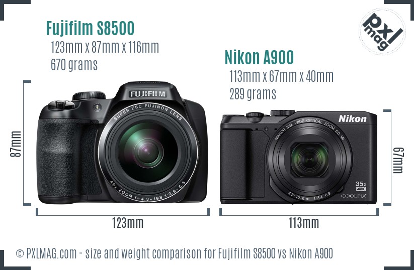 Fujifilm S8500 vs Nikon A900 size comparison Fujifilm S8500 vs Nikon A900 size comparison