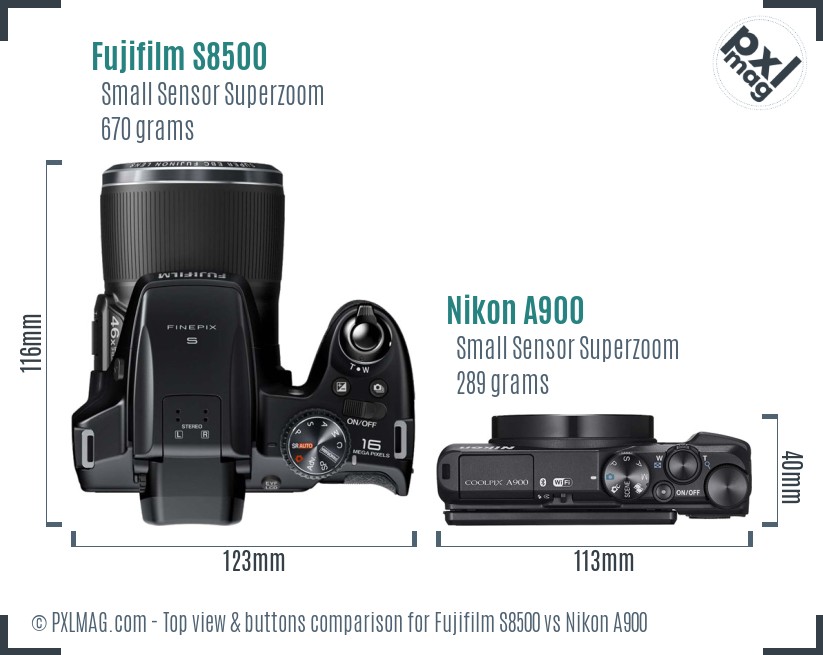 Fujifilm S8500 vs Nikon A900 top view buttons comparison
