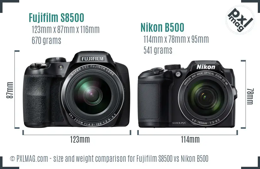 Fujifilm S8500 vs Nikon B500 size comparison