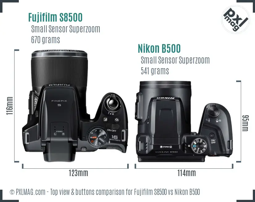 Fujifilm S8500 vs Nikon B500 top view buttons comparison