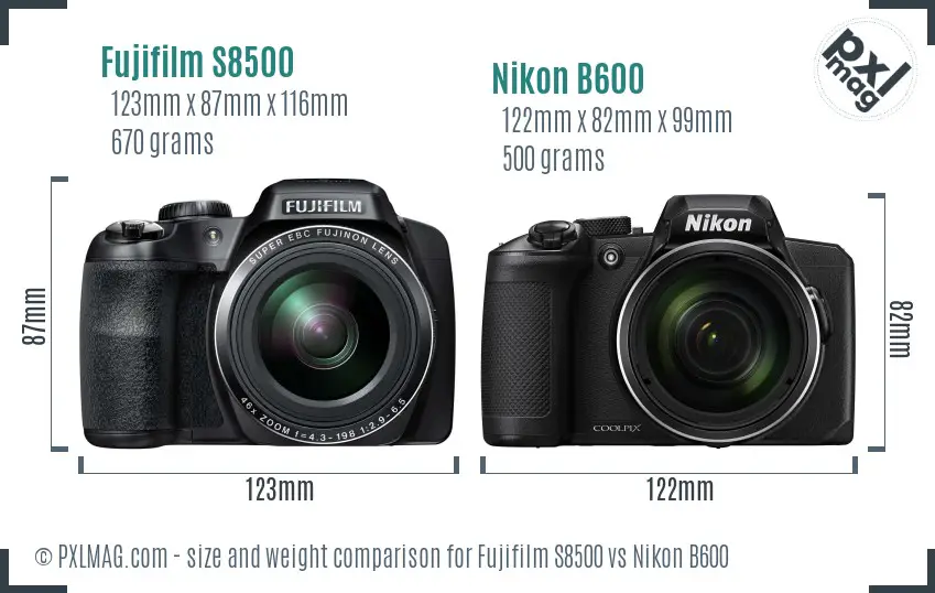 Fujifilm S8500 vs Nikon B600 size comparison Fujifilm S8500 vs Nikon B600 size comparison