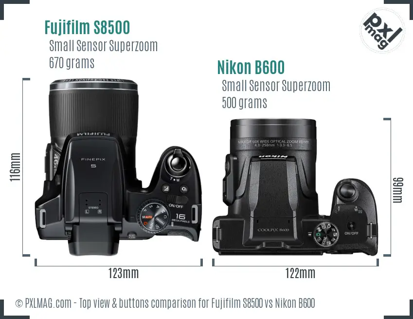 Fujifilm S8500 vs Nikon B600 top view buttons comparison Fujifilm S8500 vs Nikon B600 top view buttons comparison