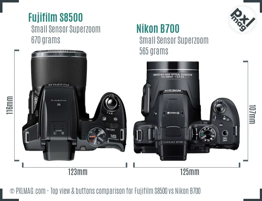 Fujifilm S8500 vs Nikon B700 top view buttons comparison