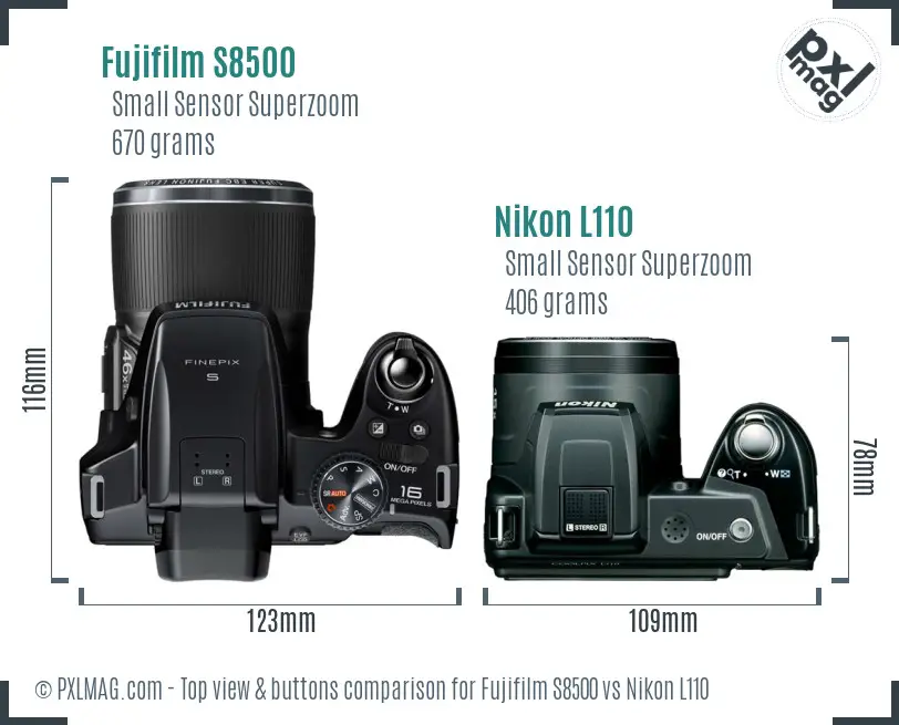 Fujifilm S8500 vs Nikon L110 top view buttons comparison