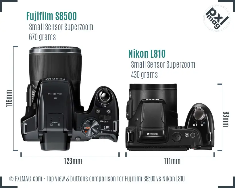 Fujifilm S8500 vs Nikon L810 top view buttons comparison