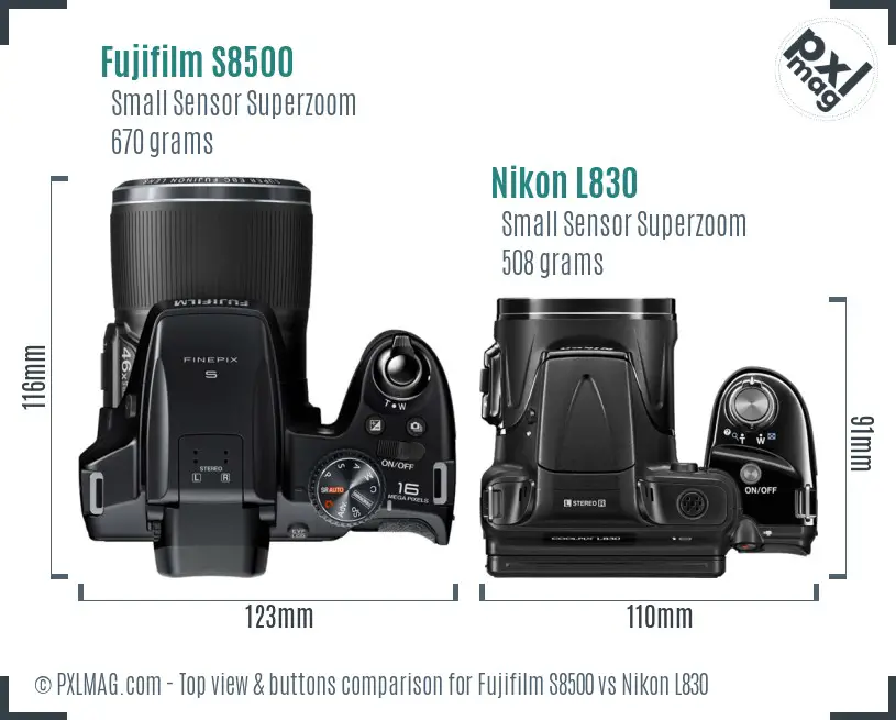 Fujifilm S8500 vs Nikon L830 top view buttons comparison
