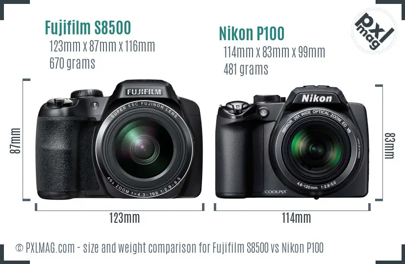 Fujifilm S8500 vs Nikon P100 size comparison