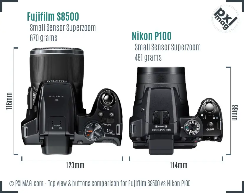 Fujifilm S8500 vs Nikon P100 top view buttons comparison