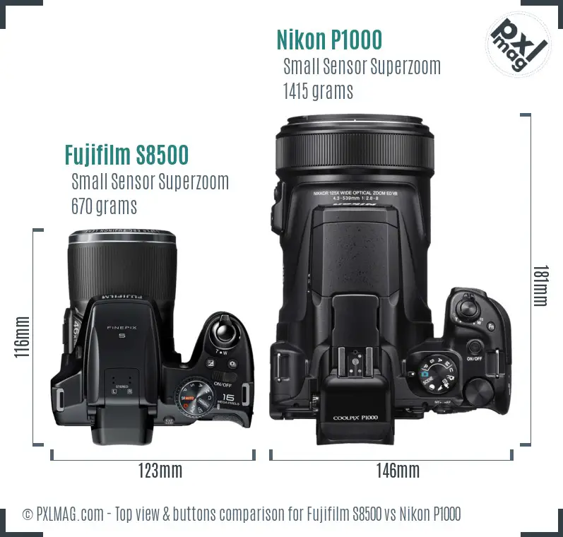 Fujifilm S8500 vs Nikon P1000 top view buttons comparison