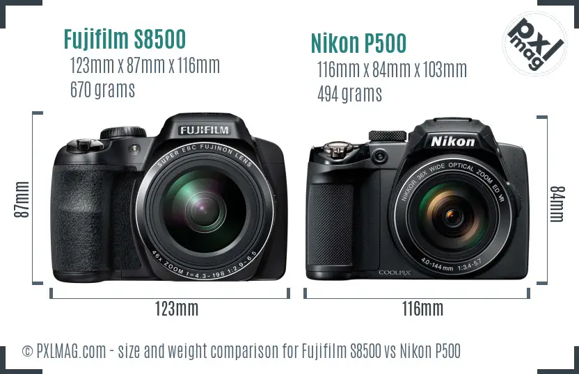 Fujifilm S8500 vs Nikon P500 size comparison