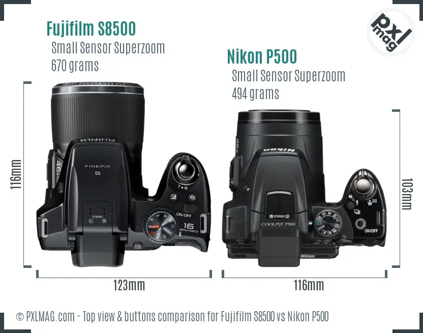 Fujifilm S8500 vs Nikon P500 top view buttons comparison