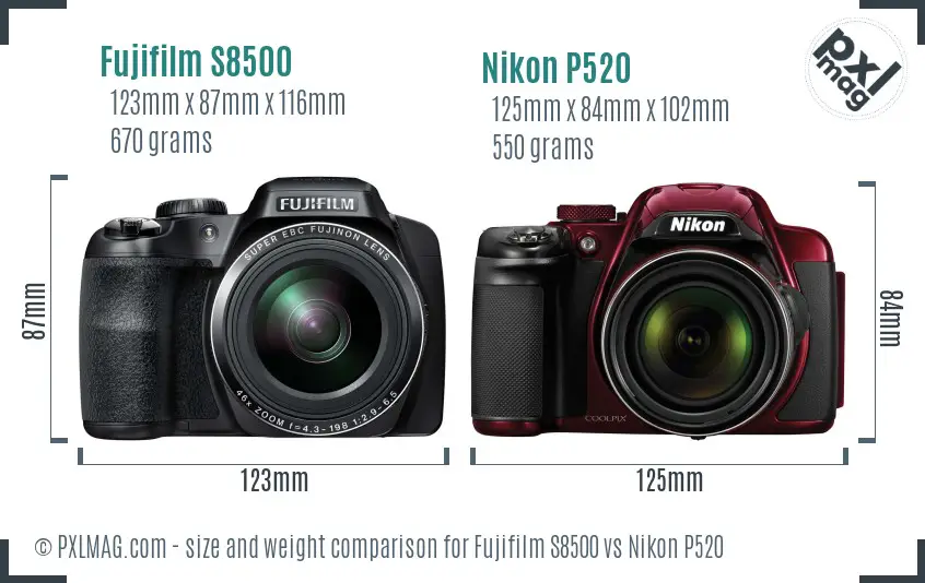 Fujifilm S8500 vs Nikon P520 size comparison