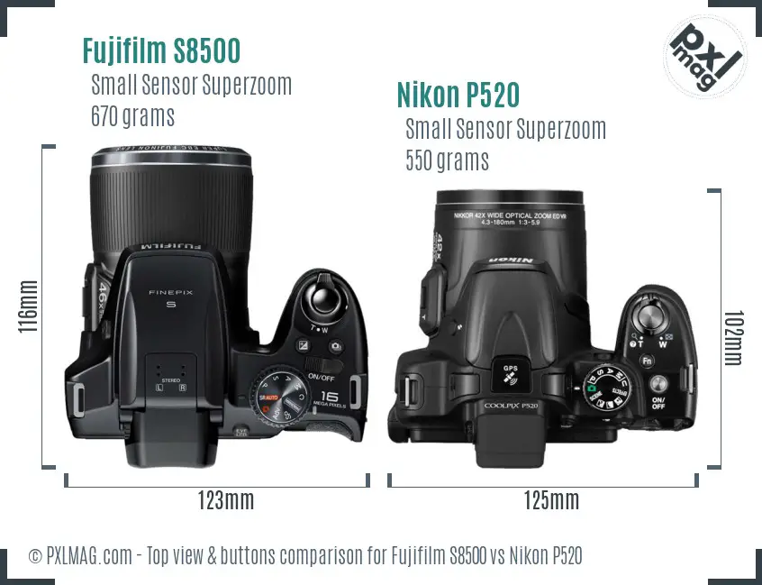 Fujifilm S8500 vs Nikon P520 top view buttons comparison
