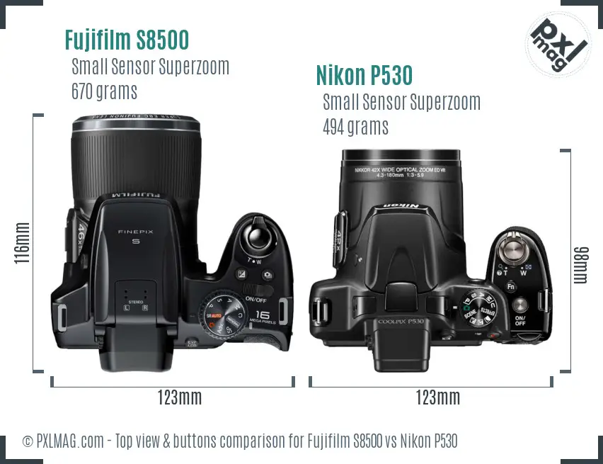 Fujifilm S8500 vs Nikon P530 top view buttons comparison Fujifilm S8500 vs Nikon P530 top view buttons comparison