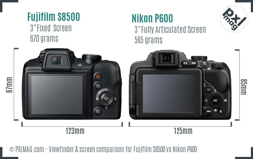 Fujifilm S8500 vs Nikon P600 Screen and Viewfinder comparison