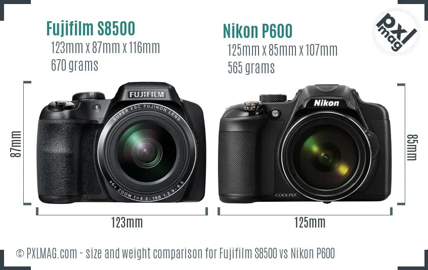 Fujifilm S8500 vs Nikon P600 size comparison