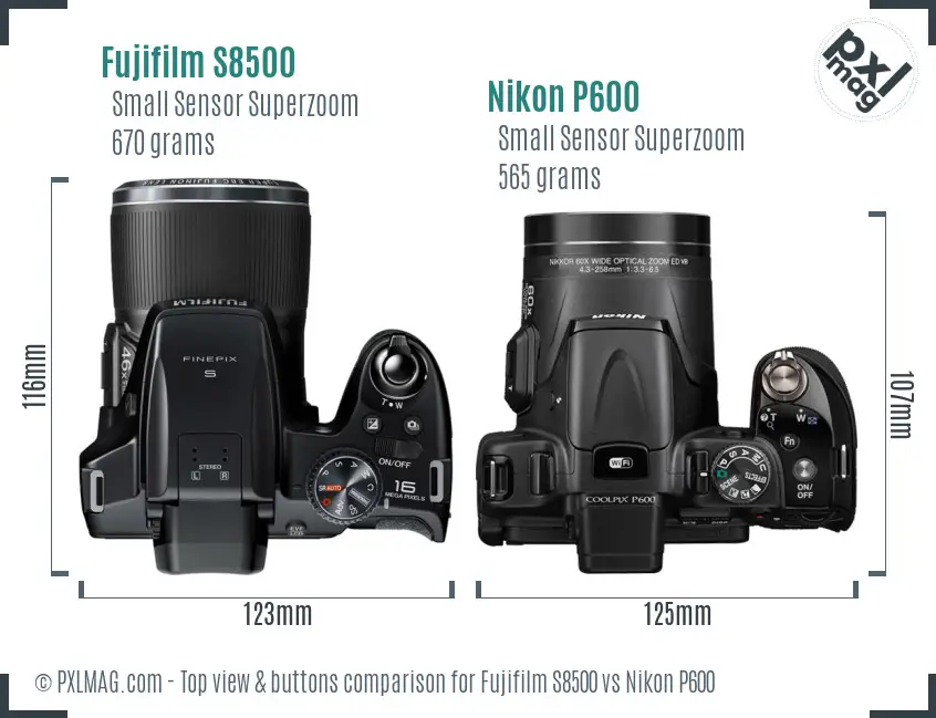 Fujifilm S8500 vs Nikon P600 top view buttons comparison