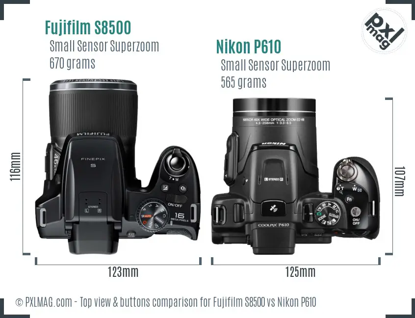 Fujifilm S8500 vs Nikon P610 top view buttons comparison