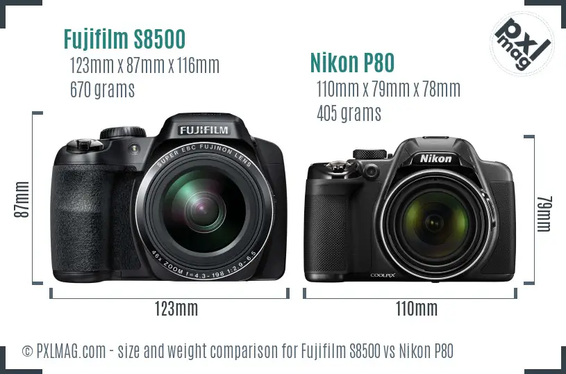 Fujifilm S8500 vs Nikon P80 size comparison