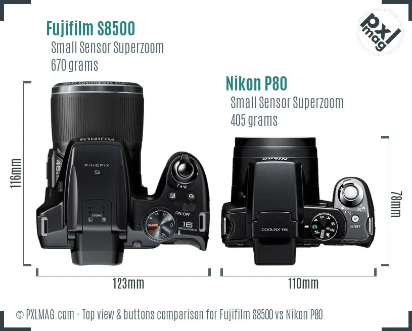 Fujifilm S8500 vs Nikon P80 top view buttons comparison