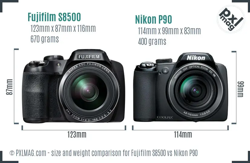 Fujifilm S8500 vs Nikon P90 size comparison