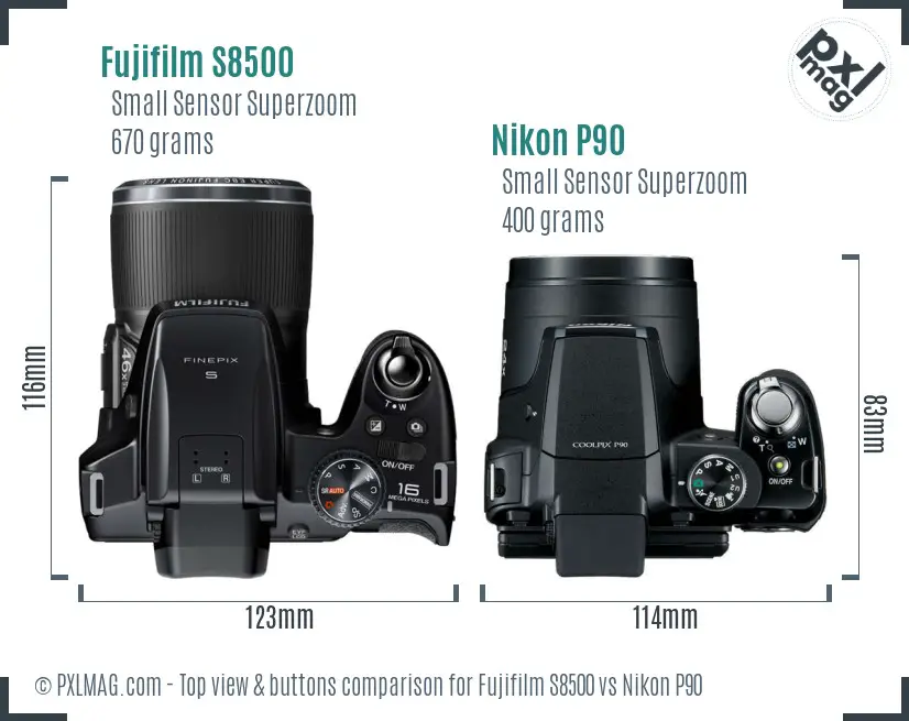 Fujifilm S8500 vs Nikon P90 top view buttons comparison