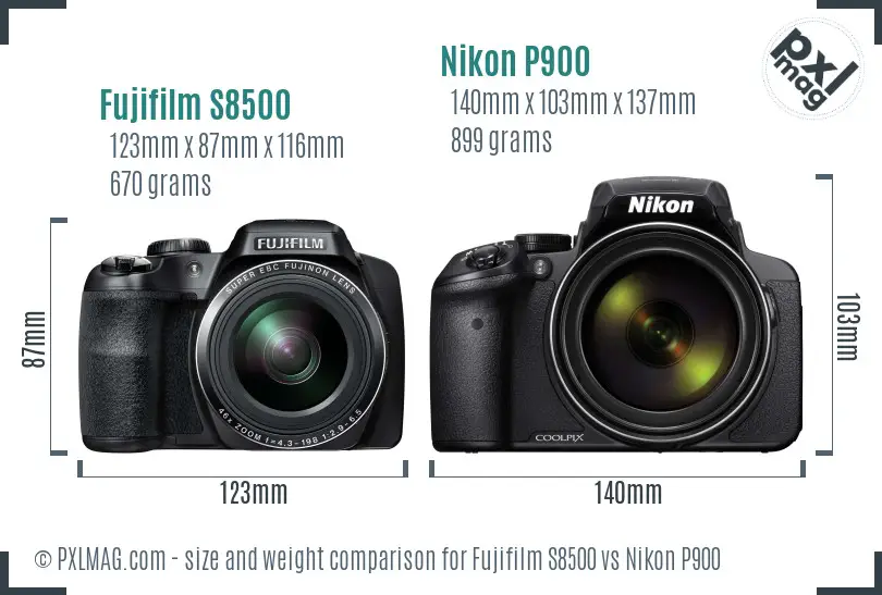 Fujifilm S8500 vs Nikon P900 size comparison