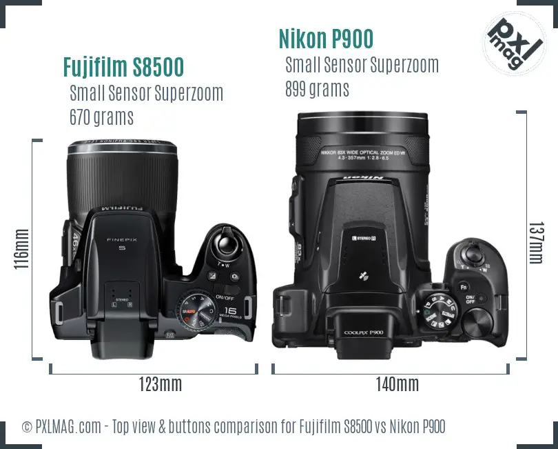 Fujifilm S8500 vs Nikon P900 top view buttons comparison