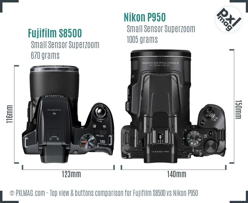 Fujifilm S8500 vs Nikon P950 top view buttons comparison