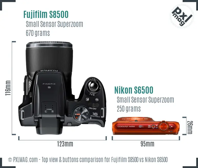 Fujifilm S8500 vs Nikon S6500 top view buttons comparison