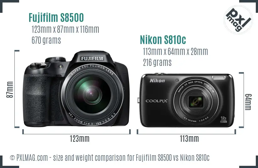 Fujifilm S8500 vs Nikon S810c size comparison Fujifilm S8500 vs Nikon S810c size comparison