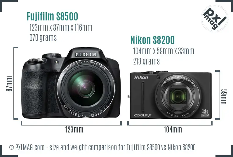 Fujifilm S8500 vs Nikon S8200 size comparison