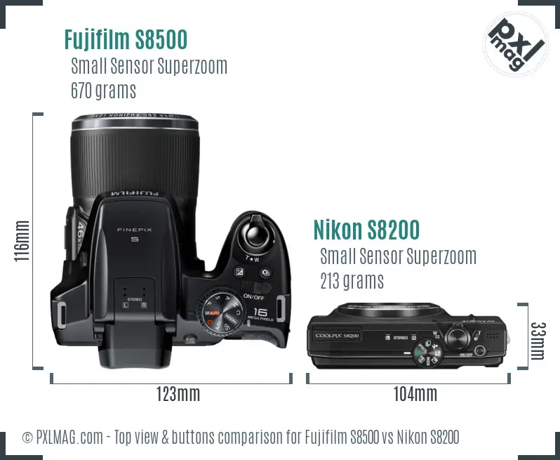 Fujifilm S8500 vs Nikon S8200 top view buttons comparison